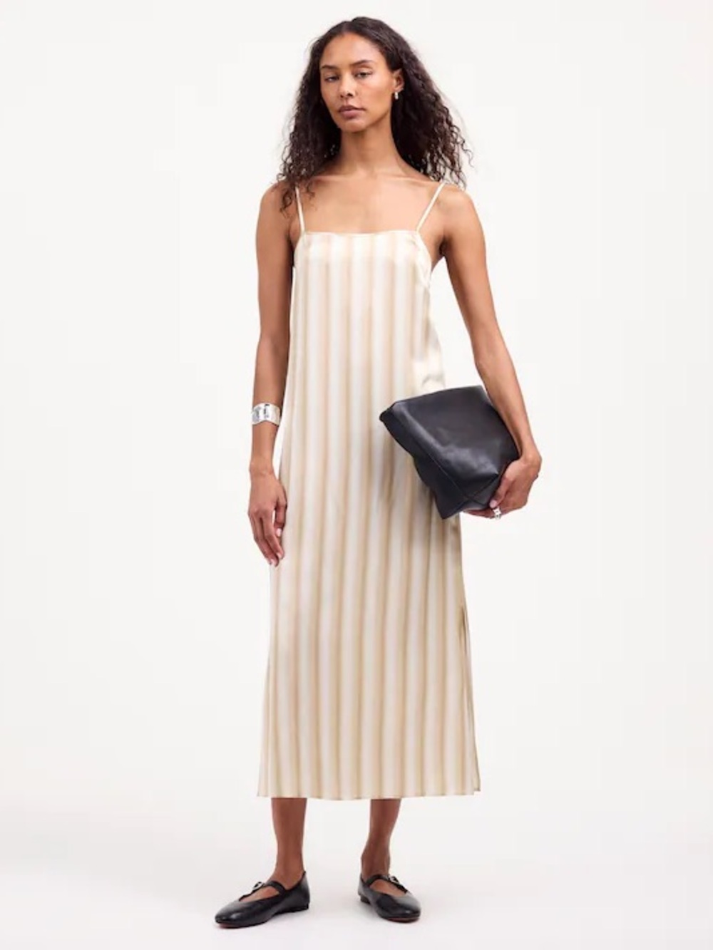 Madewell Midi Slip Dress 100% Silk in Stripe Silk Beige Tan Spaghetti Straps